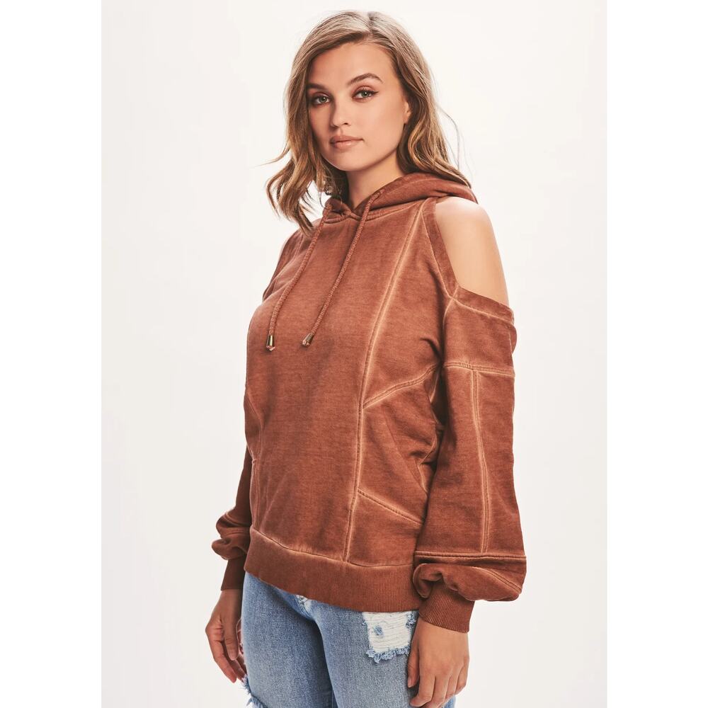 RETROFETE Washed Terry Hoodie Glazed Ginger Cold Shoulder Pullover Size XS NEW